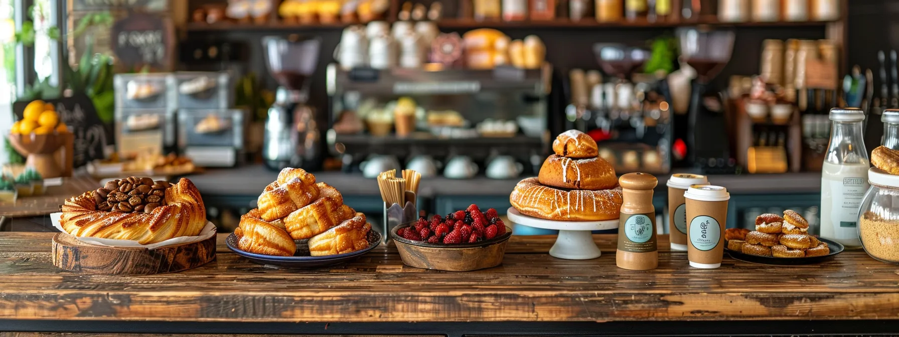 a vibrant array of specialty coffee drinks and freshly baked pastries displayed on a rustic wooden counter in a cozy cafe setting.