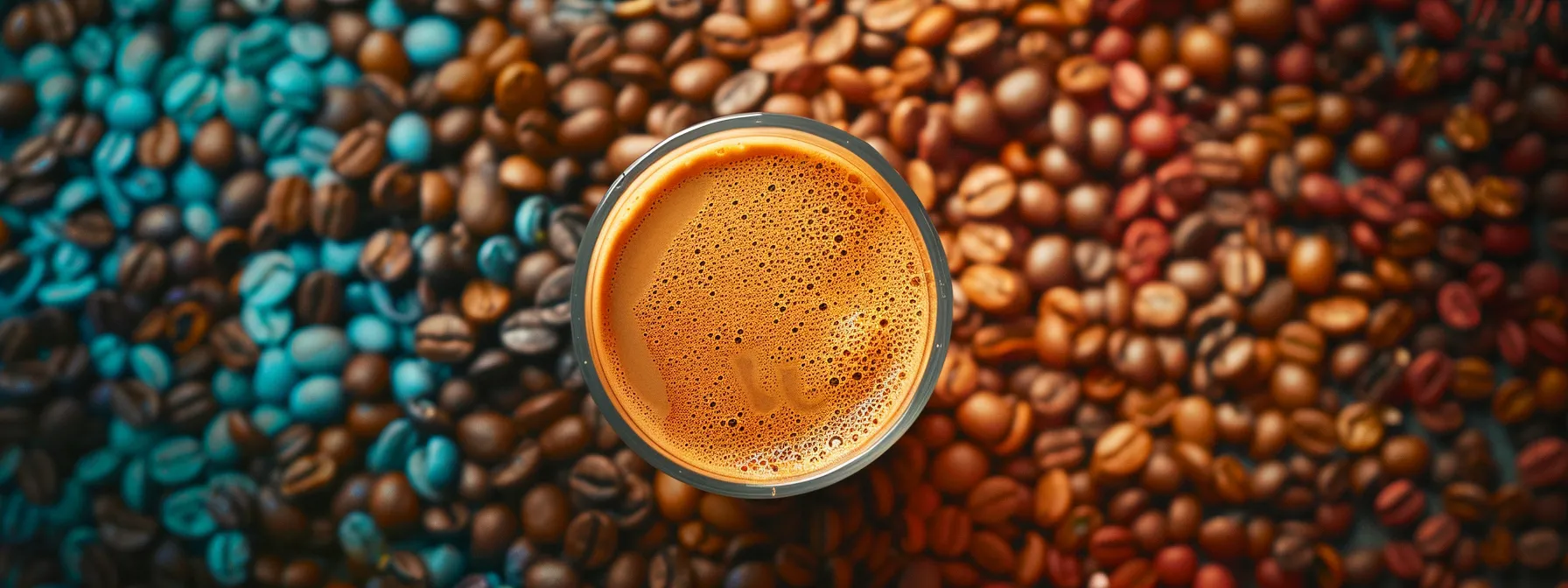 a close-up shot of a steaming cup of freshly brewed coffee, surrounded by an array of colorful coffee beans in various shades and sizes.