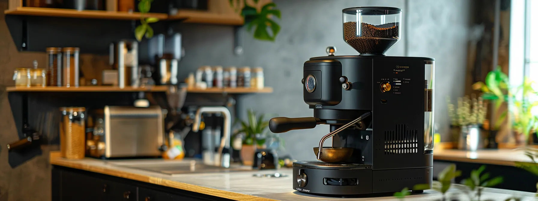 a modern coffee roasting machine on a clean kitchen counter.