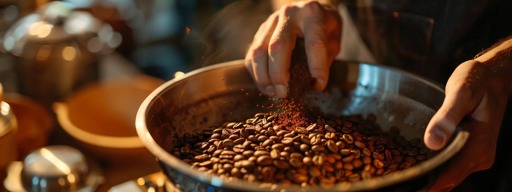 a person adjusting the grind size of coffee beans in a grinder.