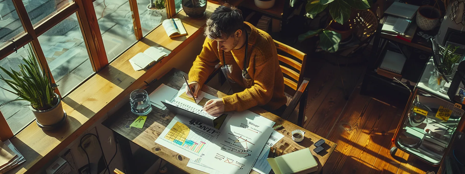 a person sitting at a table, surrounded by charts and graphs, carefully mapping out a coffee shop business plan.