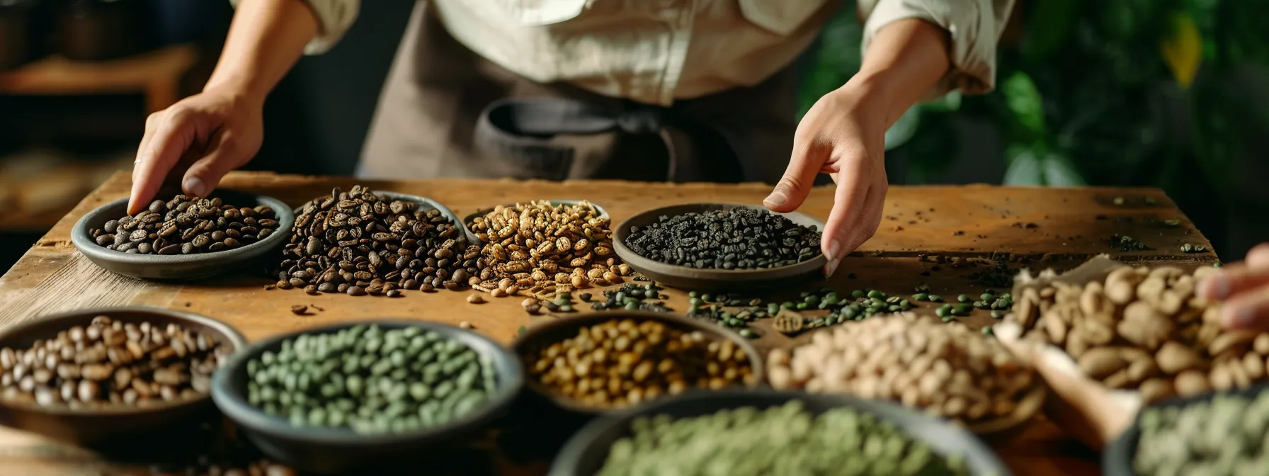 a person carefully examining different types of green coffee beans on a table.