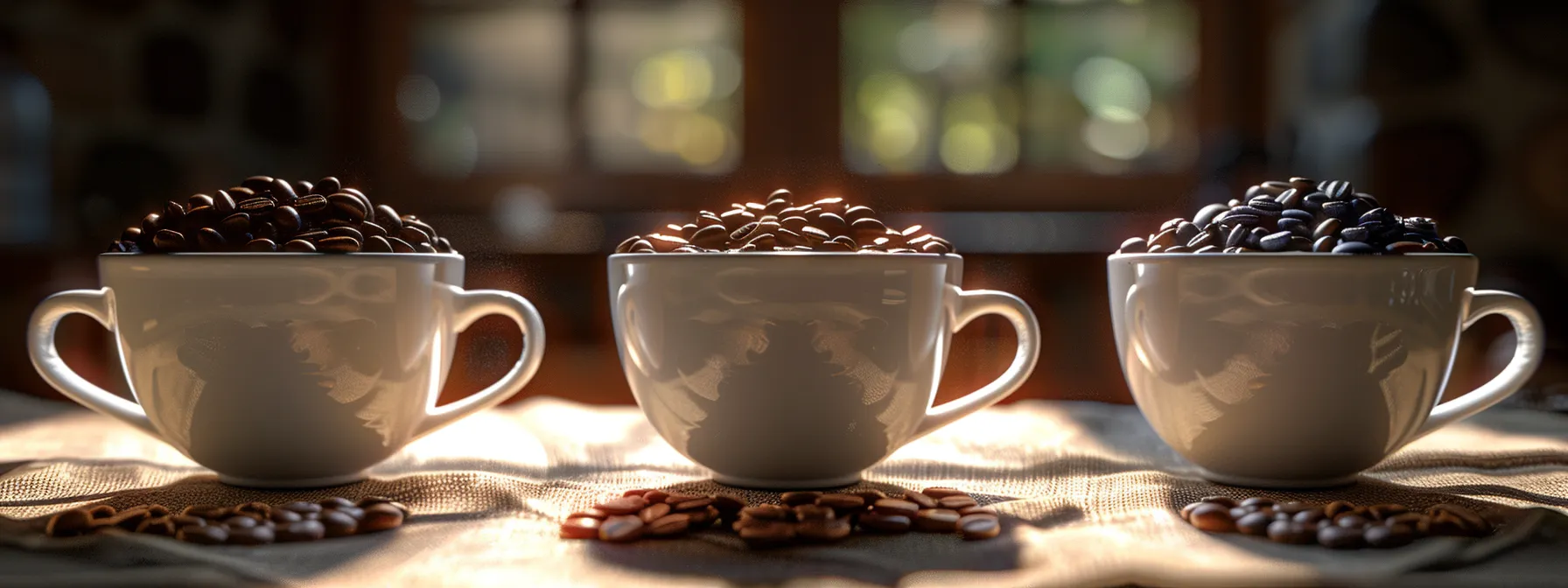 a photo of three coffee cups filled with varying shades of light, medium, and dark roasted coffee beans, showcasing the unique colors and aromas associated with each roast level.