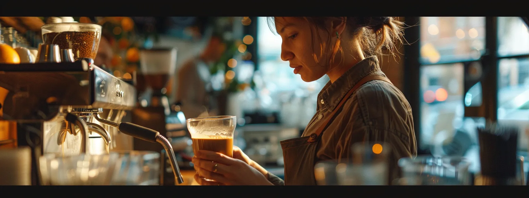 a barista carefully brewing a vibrant and citrusy light roast coffee in a trendy coffee shop.