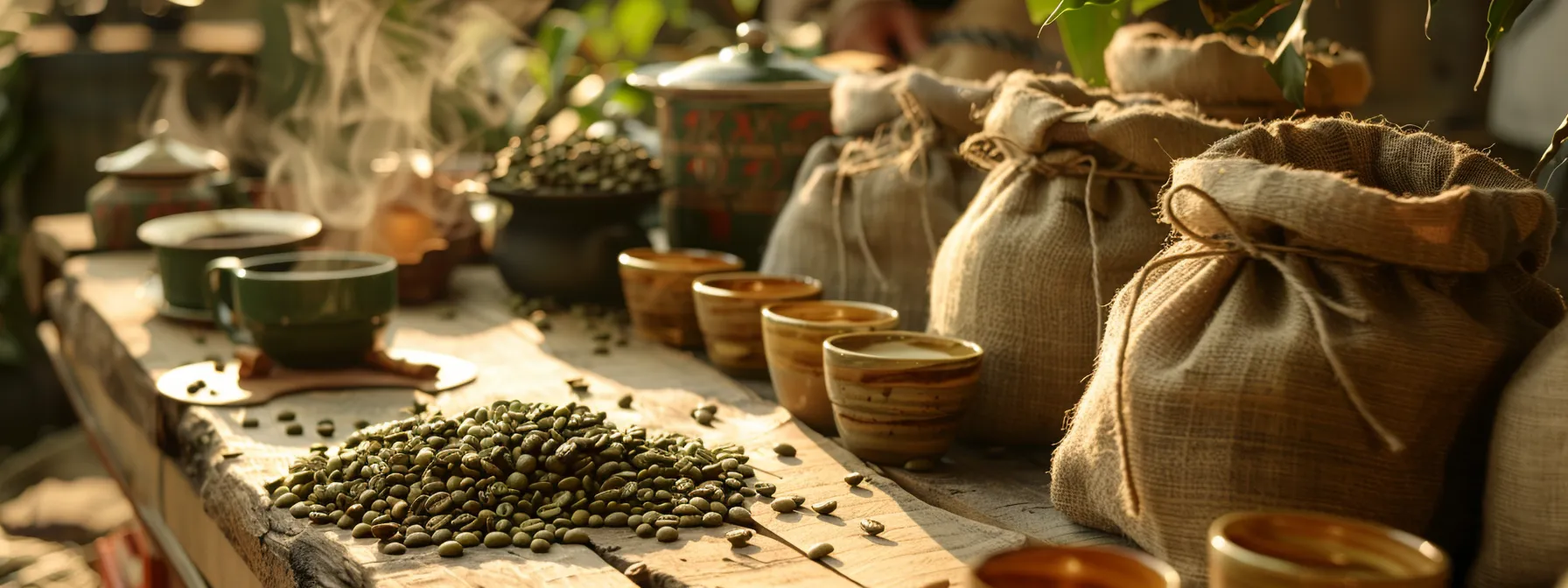 a rustic wooden table adorned with bags of vibrant green bean coffee beans from el salvador and haiti, surrounded by steaming cups of caramel-noted coffee blends.