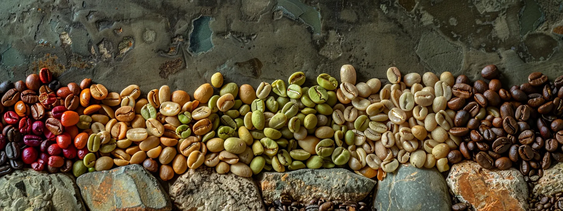 a close-up photo of a diverse assortment of vibrant, unroasted green coffee beans from africa and bolivia, set against a rustic backdrop.