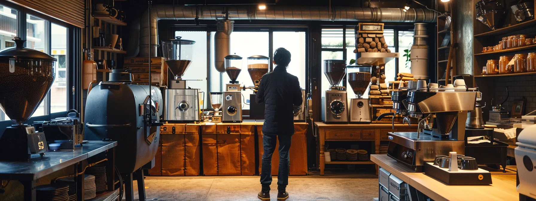 a person standing in front of different sized coffee roasters, contemplating their daily coffee consumption and potential for growth.