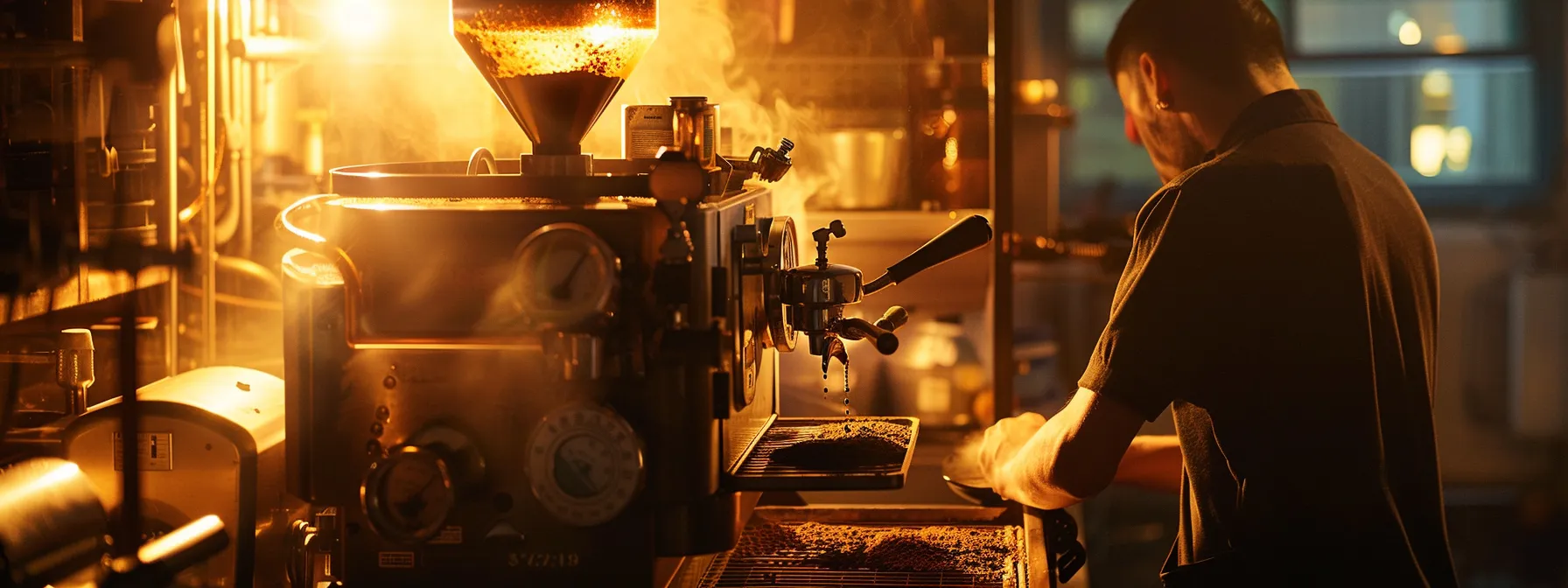 a person carefully monitoring the temperature of a coffee roasting machine.