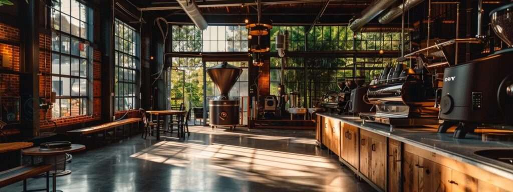 a cozy, ambient coffee roastery near seattle, showcasing rich, aromatic coffee beans being roasted, with warm light streaming through large windows and highlighting the earthy tones of the rustic interior.