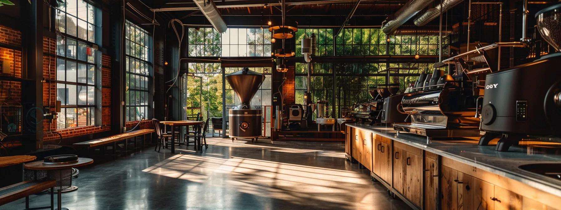 a cozy, ambient coffee roastery near seattle, showcasing rich, aromatic coffee beans being roasted, with warm light streaming through large windows and highlighting the earthy tones of the rustic interior.