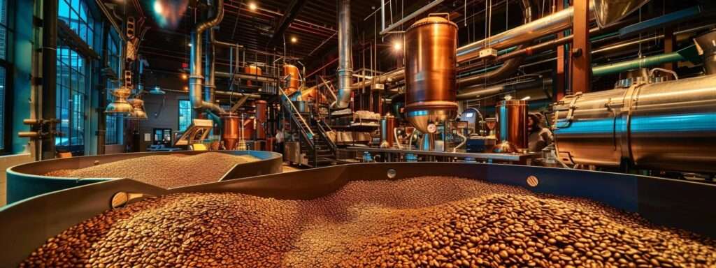 a vibrant scene of freshly roasted coffee beans glistening in the warm light of a bustling portland roastery, surrounded by colorful brewing equipment and the rich aroma of coffee permeating the air.