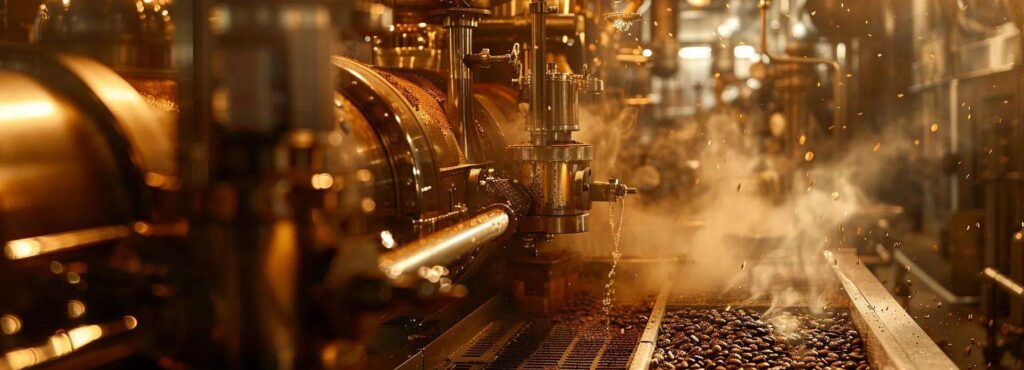 an industrial coffee roaster, gleaming with polished metal, releases plumes of smoke while rich, dark coffee beans swirl inside, illuminated by warm, ambient light that highlights the textures and aromas of freshly roasted coffee.