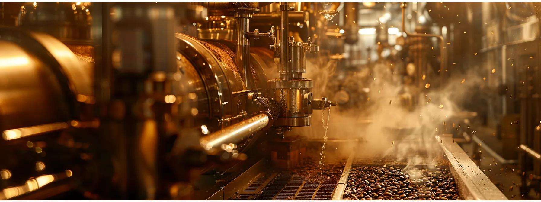 an industrial coffee roaster, gleaming with polished metal, releases plumes of smoke while rich, dark coffee beans swirl inside, illuminated by warm, ambient light that highlights the textures and aromas of freshly roasted coffee.