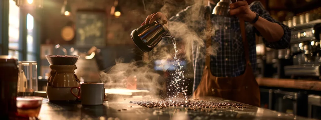 a barista expertly pours steaming water over freshly ground coffee beans in a mesmerizing pour-over technique at a bustling local coffee shop.