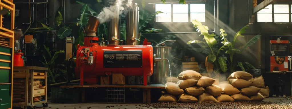 a bright red coffee roaster emitting aromatic steam, surrounded by bags of green beans and a chart detailing unit prices and insurance costs.