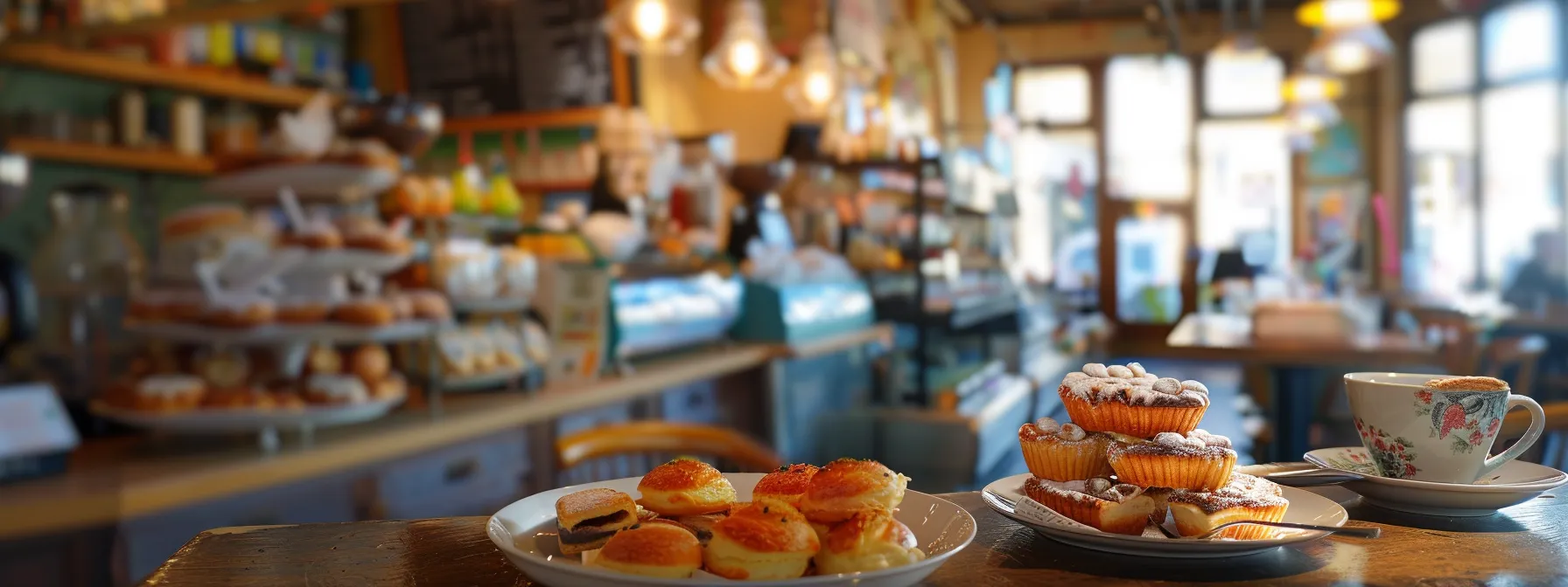 a bustling coffee shop adorned with colorful pastries and steaming cups of various beverages, creating a vibrant and inviting atmosphere.