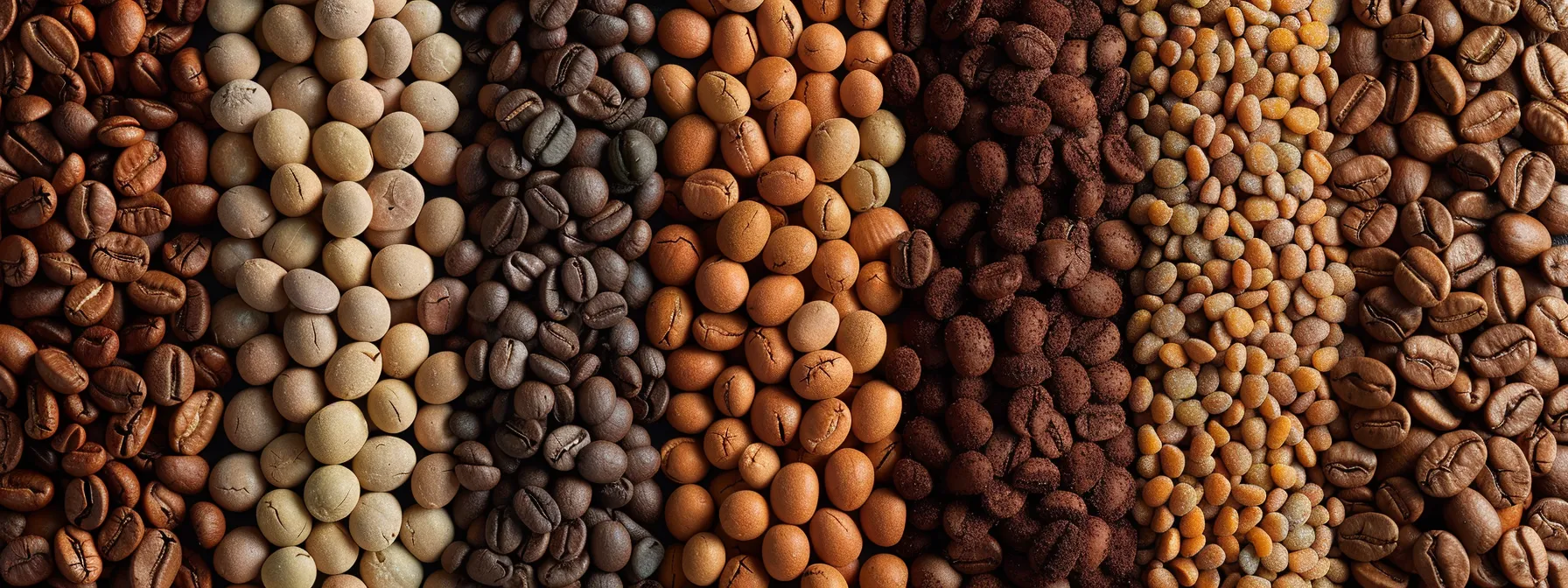 a close-up shot of various coffee beans in different shades of brown, showcasing their unique sizes and textures for roasting.