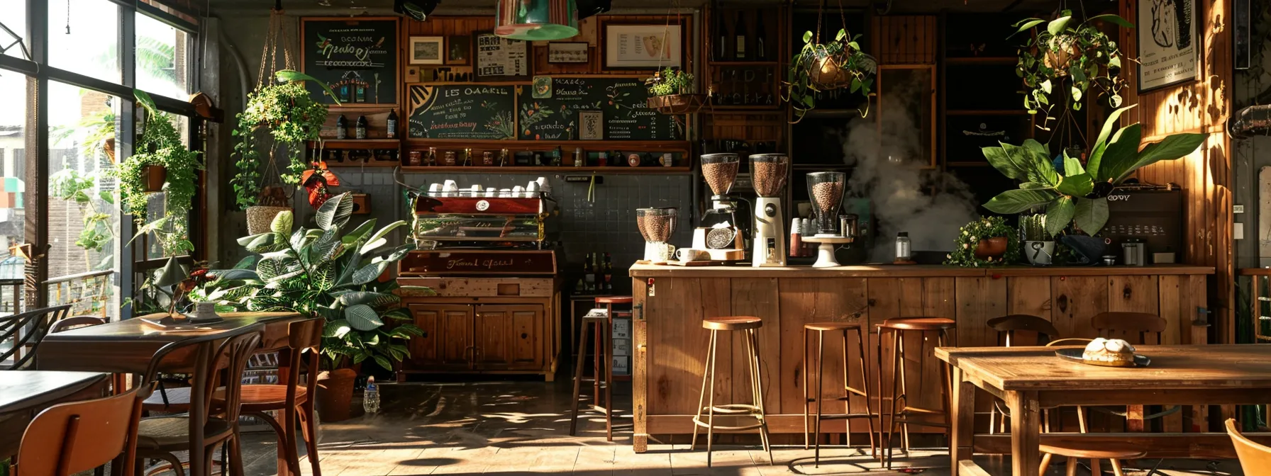 a cozy coffee shop with rustic wooden furniture, hanging plants, and a steaming espresso machine.