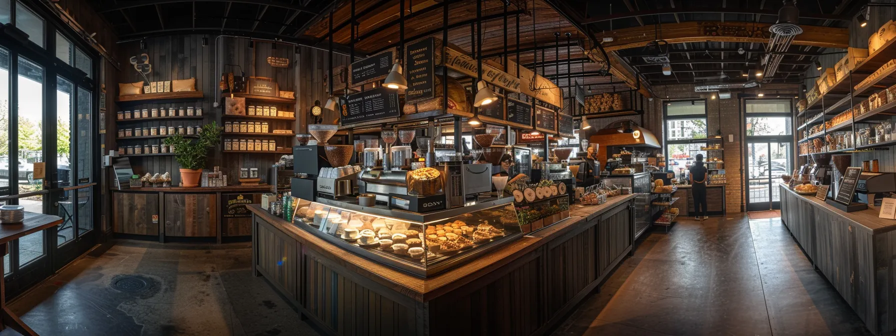 a cozy coffee shop with steaming cups of specialty brews, artfully displayed pastries, and friendly baristas, creating a warm and inviting atmosphere.