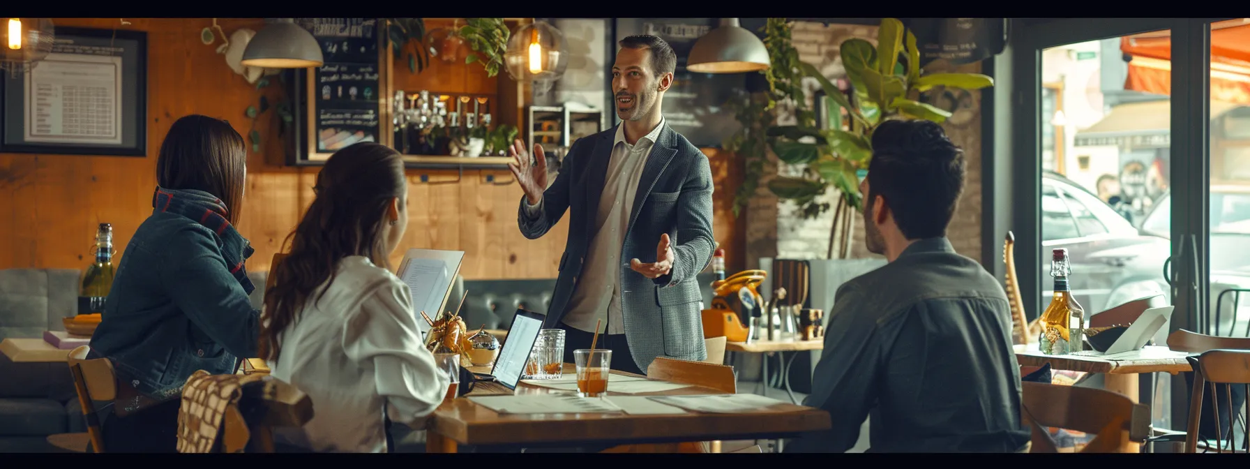 a determined entrepreneur presenting a persuasive pitch to potential investors in a cozy coffee shop setting.