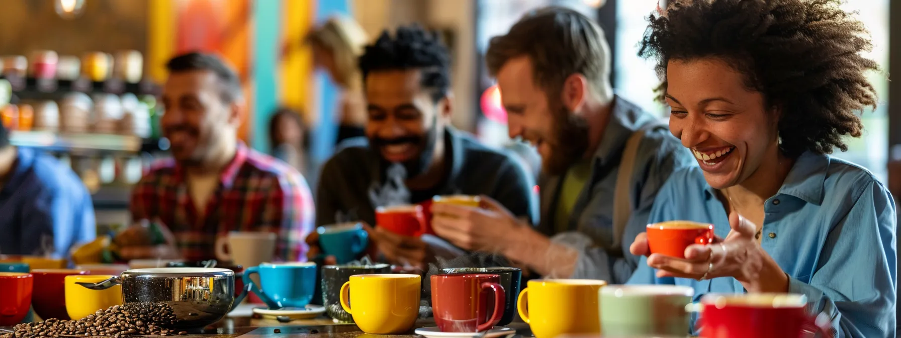 a group of coffee enthusiasts enjoying a vibrant coffee tasting event, surrounded by colorful mugs and aroma-filled beans.