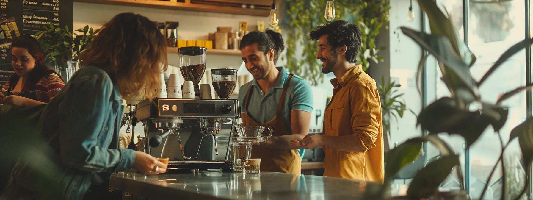 a group of enthusiastic baristas learning the art of coffee making in a vibrant and welcoming cafe setting.