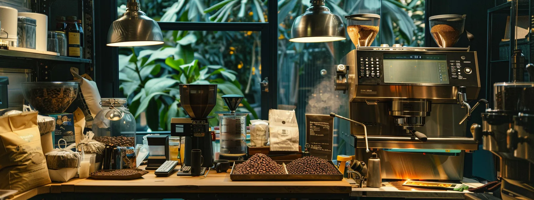 a home coffee roasting station with an array of tools and gadgets, steaming hot beans in a roasting machine, surrounded by bags of green coffee beans and a detailed monitoring chart.