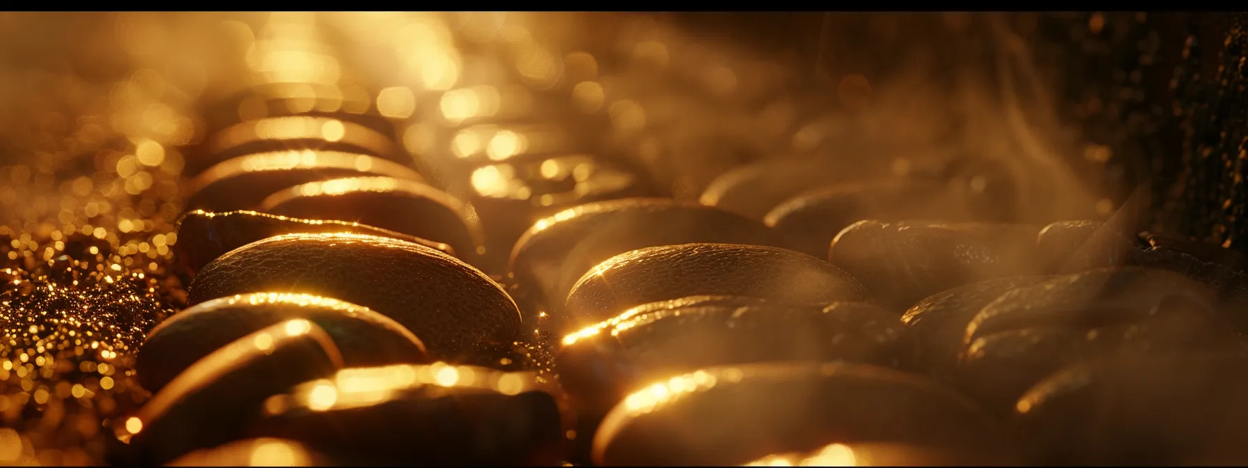 a row of perfectly roasted coffee beans, ranging from light to dark, glistening under a beam of warm light.