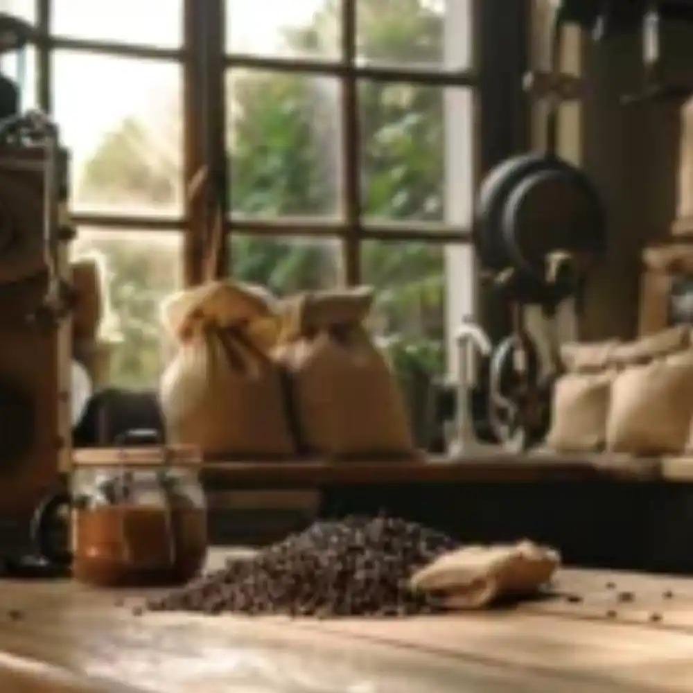 a rustic wooden coffee roaster sitting on a kitchen counter surrounded by bags of coffee beans and various roasting tools.