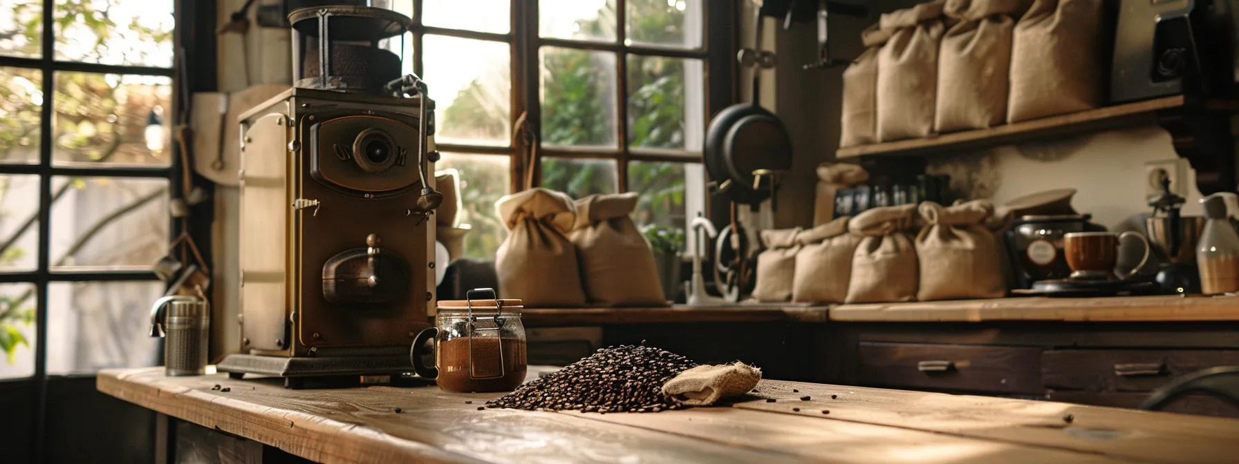 a rustic wooden coffee roaster sitting on a kitchen counter surrounded by bags of coffee beans and various roasting tools.