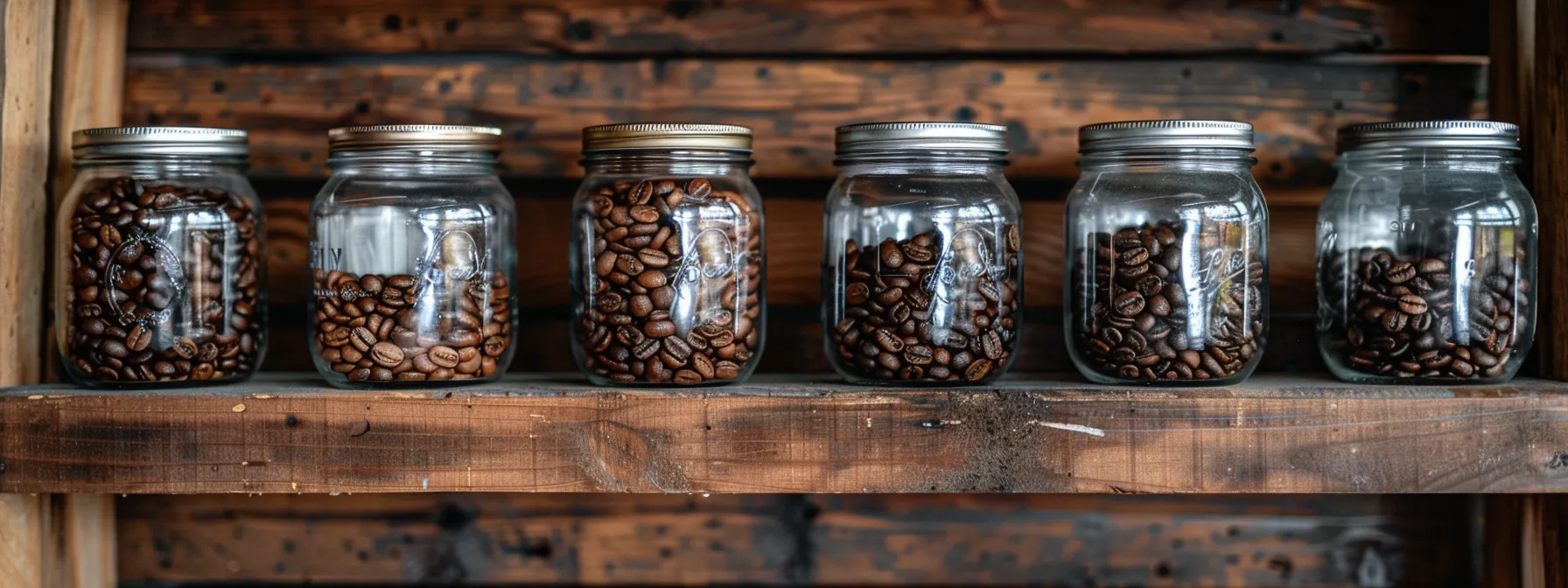 a rustic wooden shelf with mason jars filled with freshly roasted coffee beans, each labeled with roast type, exuding rich aromas and ready for brewing.