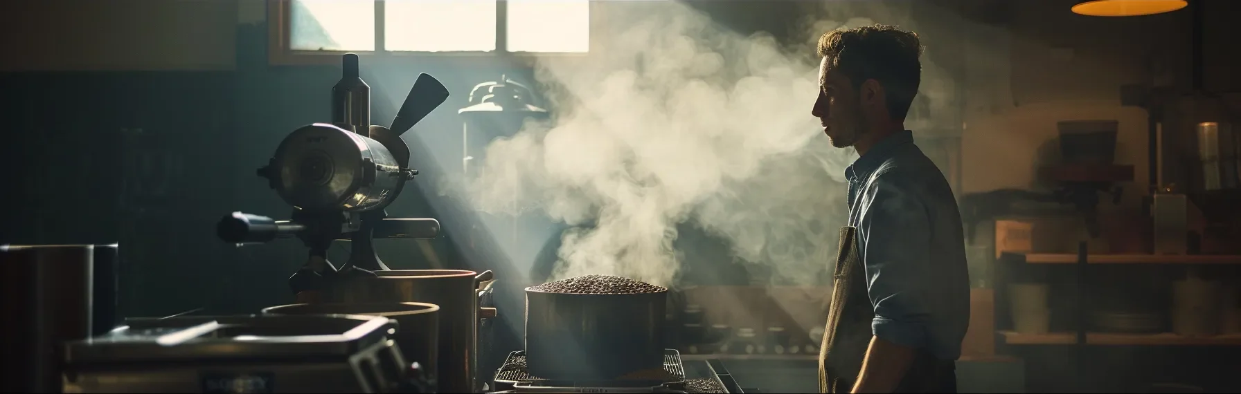 a steaming coffee roaster carefully monitoring the beans as they roast to perfection.