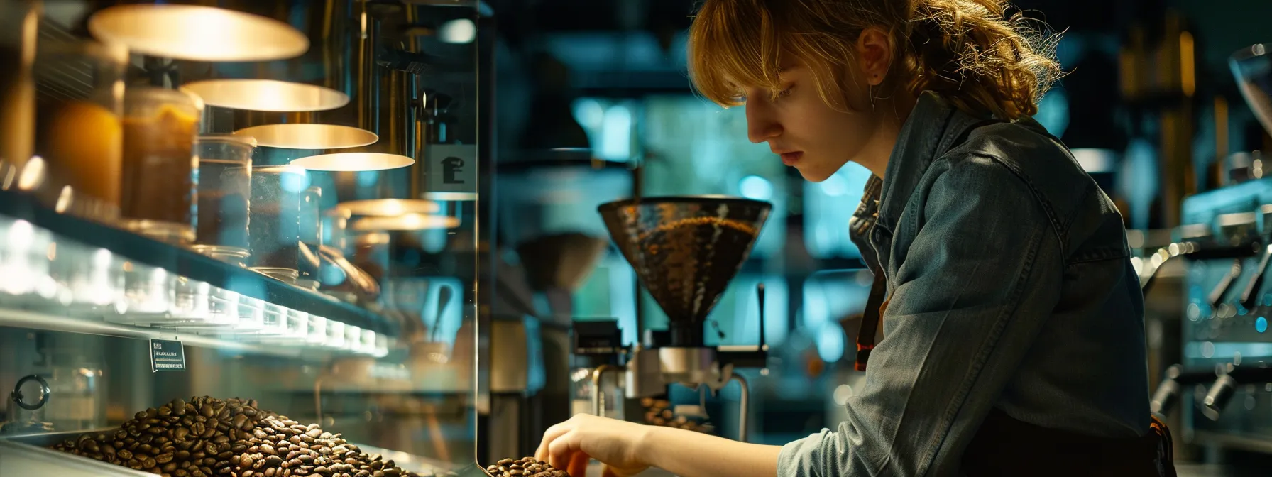 a person carefully selecting a coffee roaster from a display of various machines.