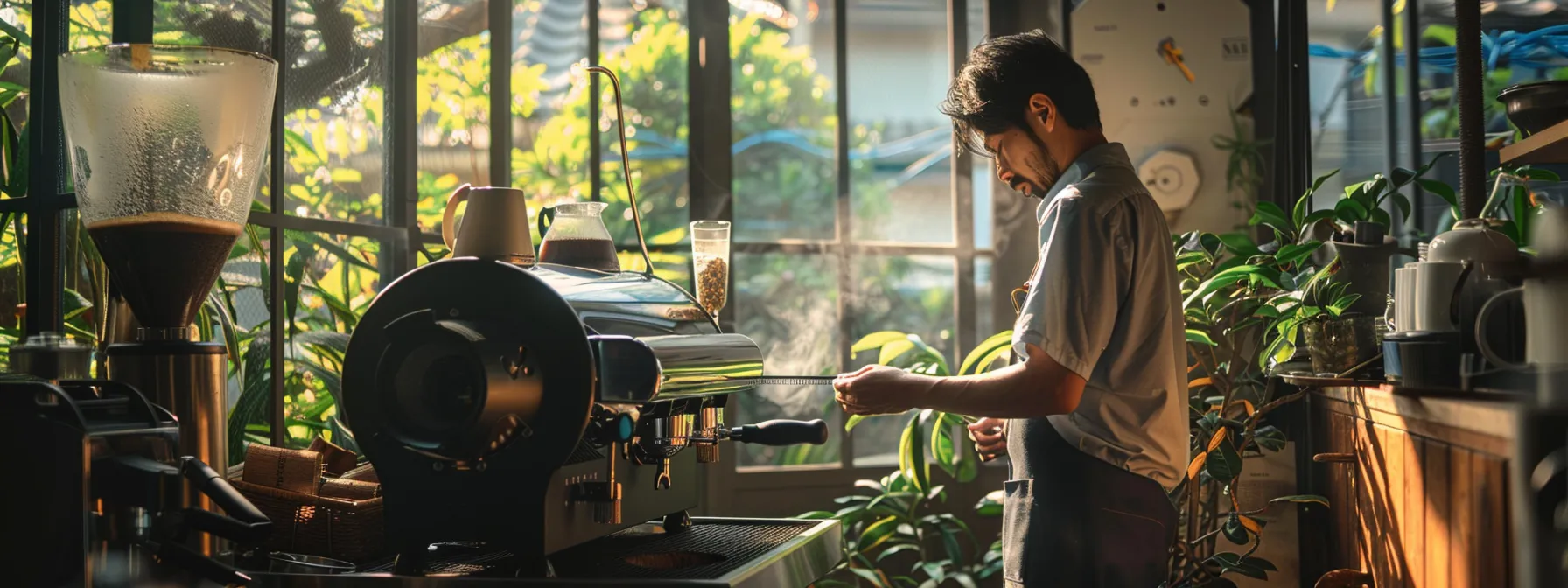 a person carefully measuring the dimensions of a room with a coffee roaster in it.