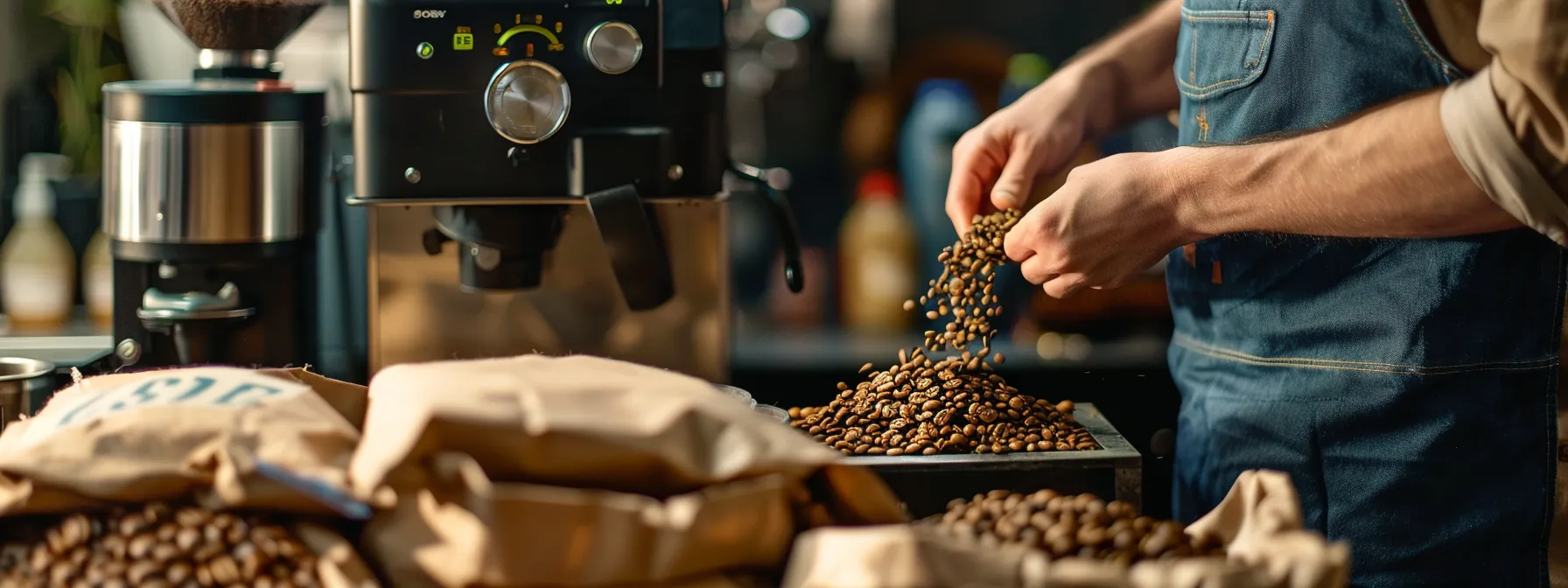 a person carefully adjusting a small home roasting machine beside bags of green coffee beans.