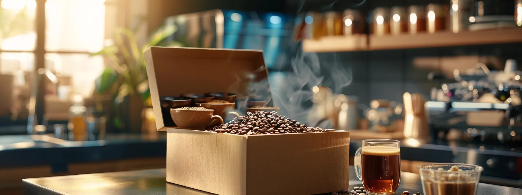 a modern coffee subscription box overflowing with a variety of freshly roasted beans and a steaming cup of coffee.