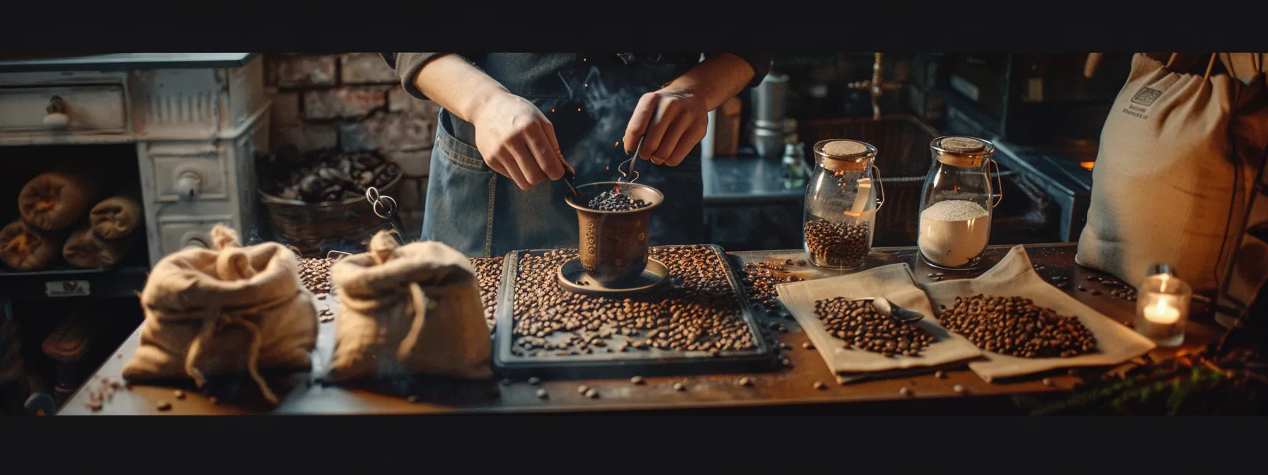 a person carefully roasting coffee beans on a stovetop in a cozy kitchen, surrounded by bags of beans from various origins.