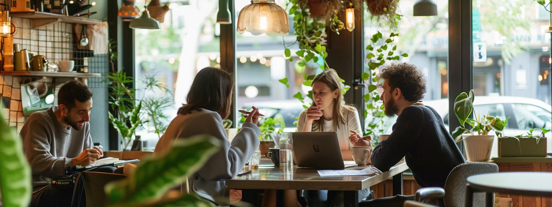 a group of people sitting around a table in a cozy coffee shop, discussing plans and ideas for their new business venture.