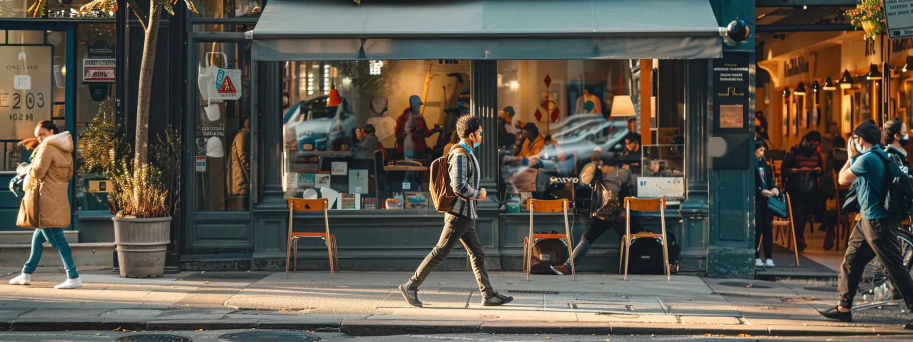 an entrepreneur analyzing foot traffic outside a vibrant commercial space, surrounded by bustling coffee shops and breakfast cafes, with a strategic mindset.