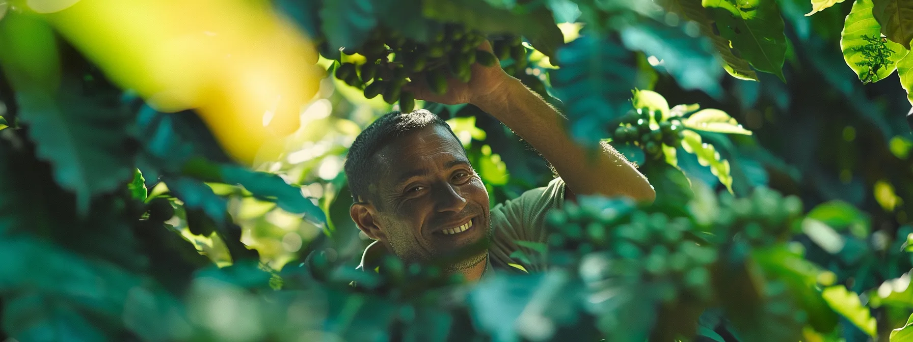 a vibrant coffee farm in costa rica, with lush green plants and a smiling farmer picking fair trade certified green beans.