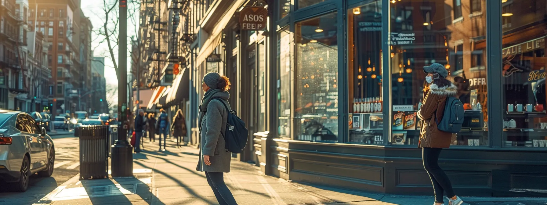 a person surveying a bustling street corner with a coffee shop consultant.