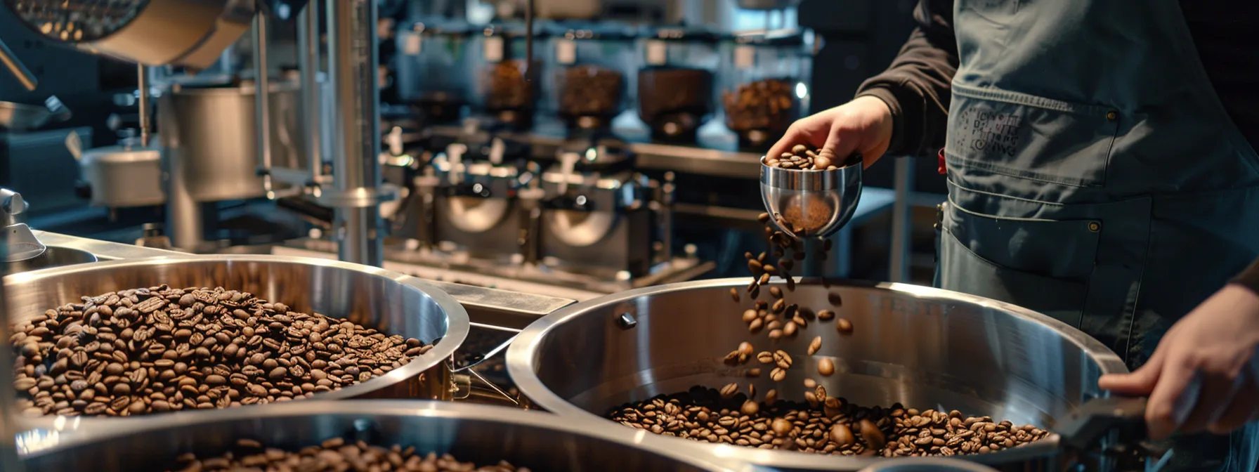 a person sampling a variety of freshly roasted coffee beans in a modern coffee roastery.