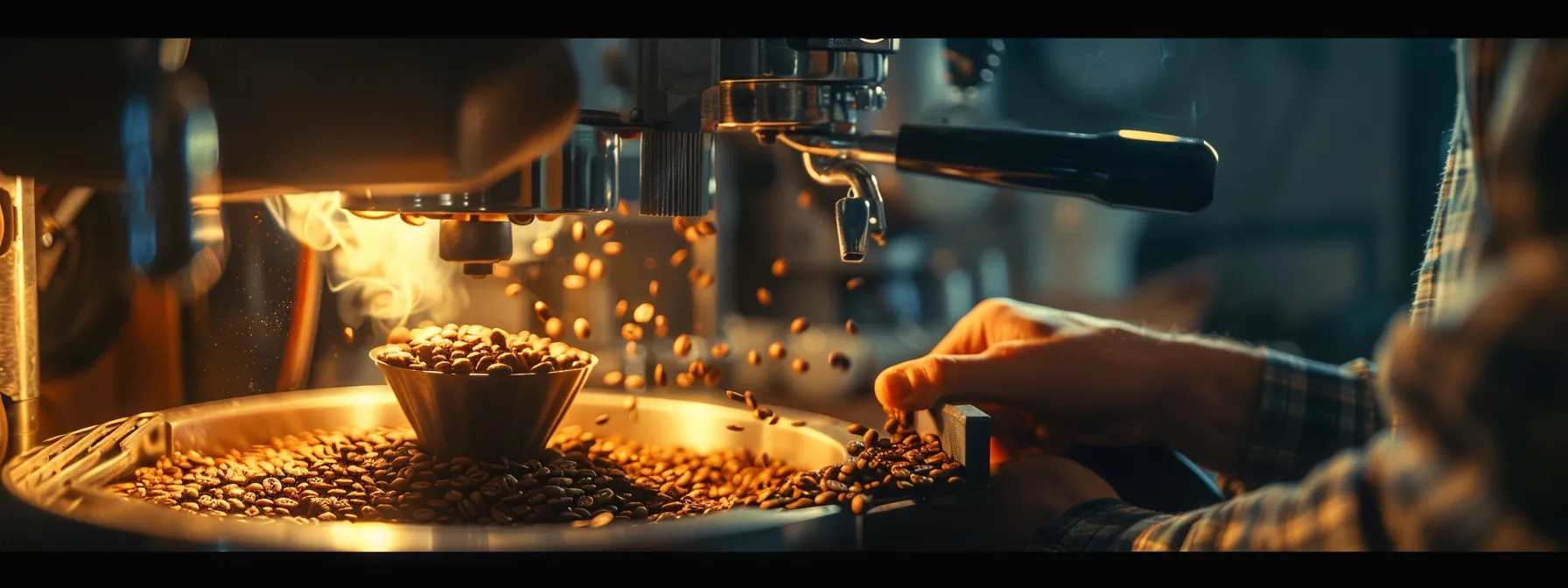 a person carefully monitoring coffee beans roasting in a home coffee roaster.