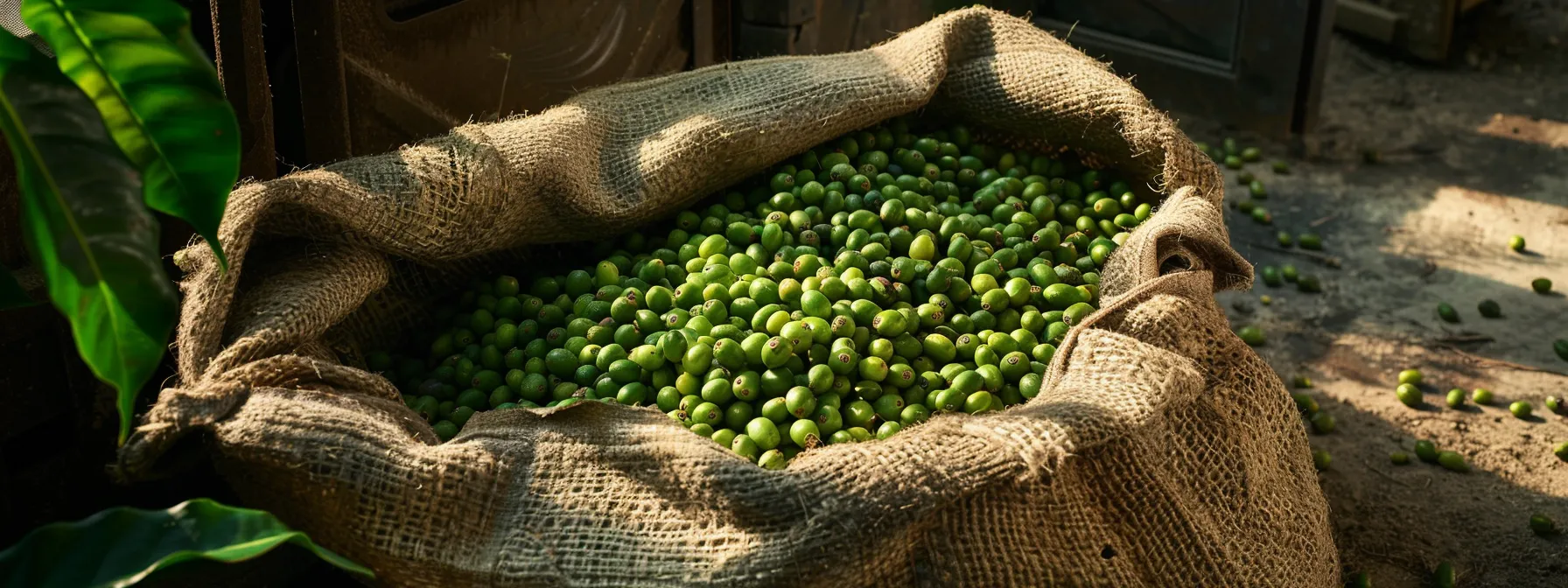 a rustic burlap sack overflowing with vibrant green coffee beans from colombia and guatemala, ready to be transformed into the perfect home-roasted espresso.