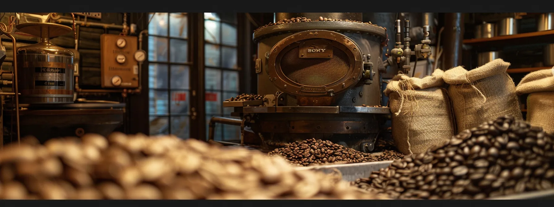 a rustic, industrial coffee roasting machine surrounded by bags of freshly roasted beans at the bean coffee roasters.