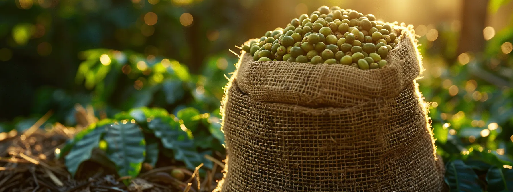 a burlap sack overflowing with vibrant green coffee beans in the golden sunlight.