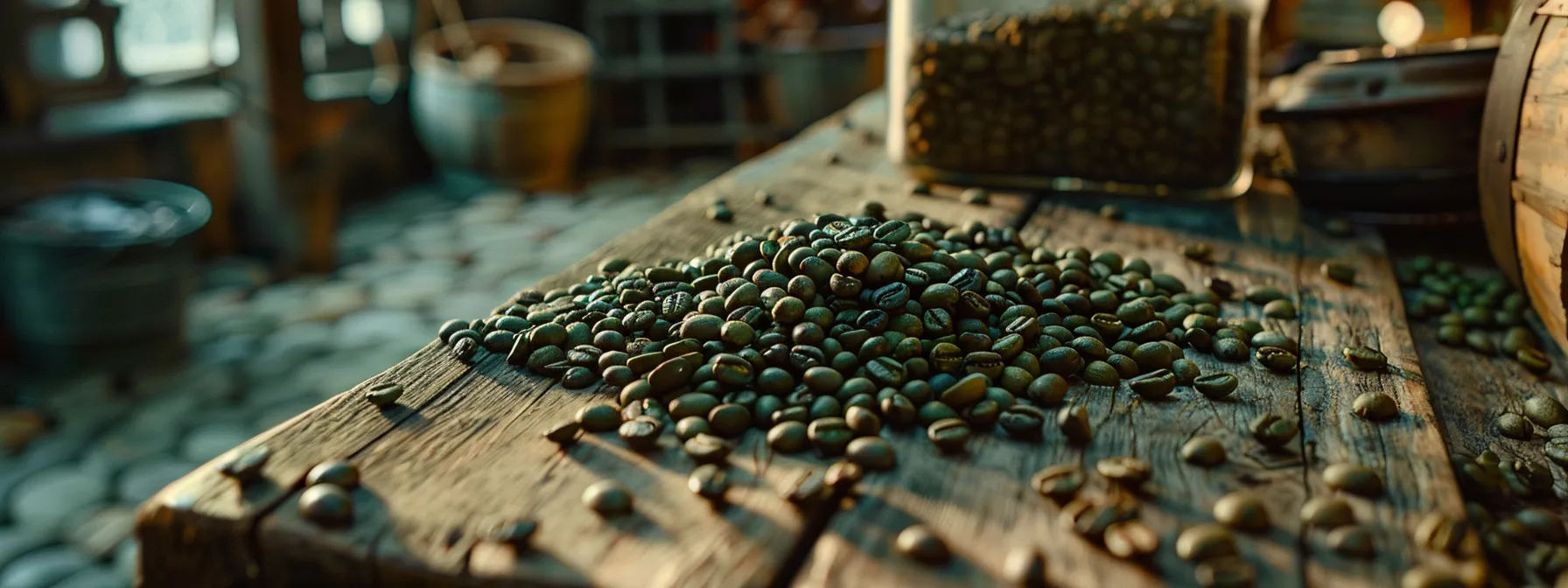 a rustic wooden table piled high with freshly roasted green coffee beans from the green bean coffee company.