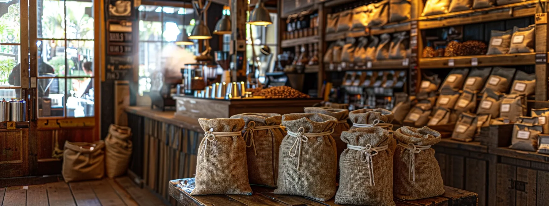 a cozy café with steaming cups of artisanal coffee, rustic wooden tables, and shelves lined with bags of freshly roasted beans.