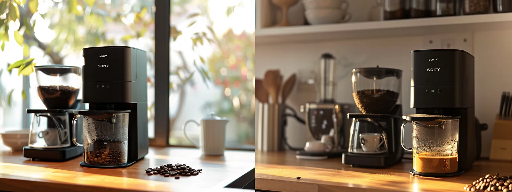 a person comparing different home coffee roasting machines on a kitchen counter.