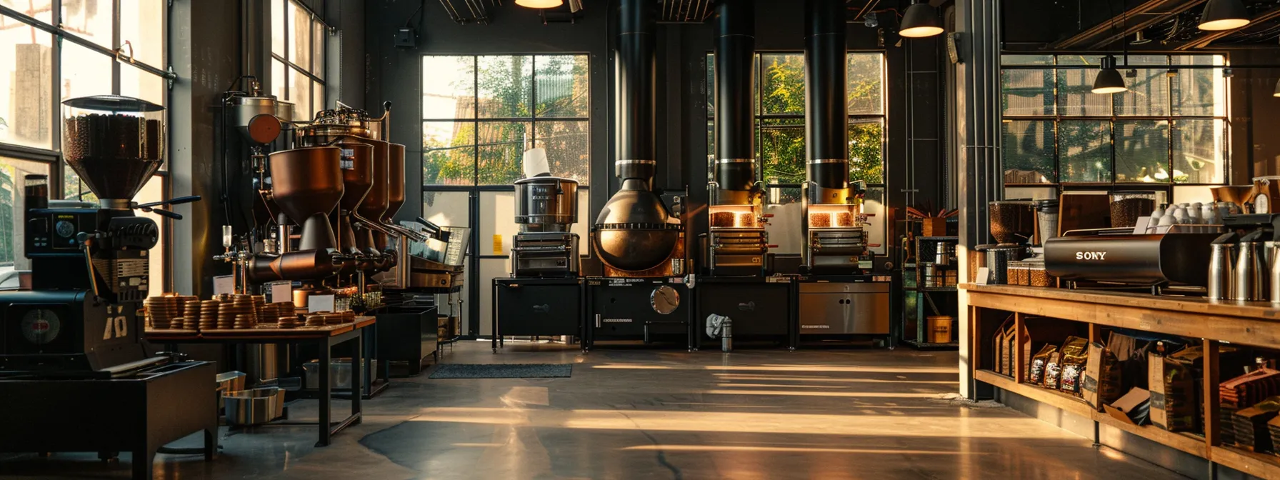 a variety of commercial coffee roasters displayed in a warehouse showroom.